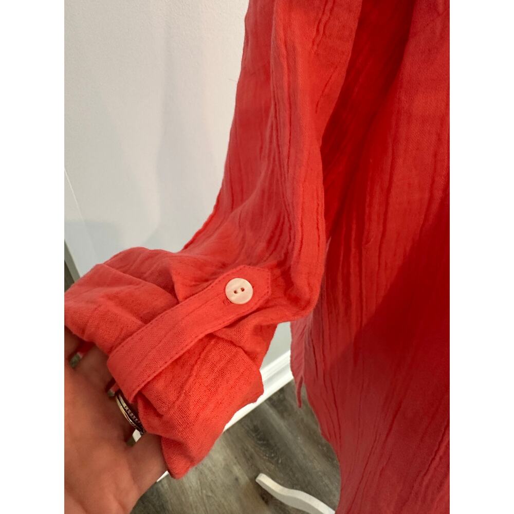 Soft Surroundings XL Coral Gauze Tunic Top Roll Tab Sleeves Boho Coastal Casual - Picture 2 of 8